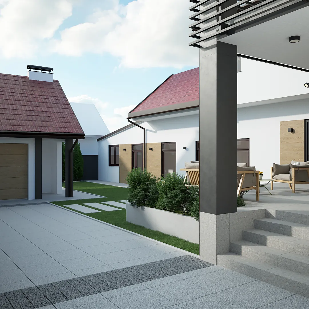 Prikaz eksterijera kuće u Vinkovcima s bijelo sivom fasadom i drvenim komponentama