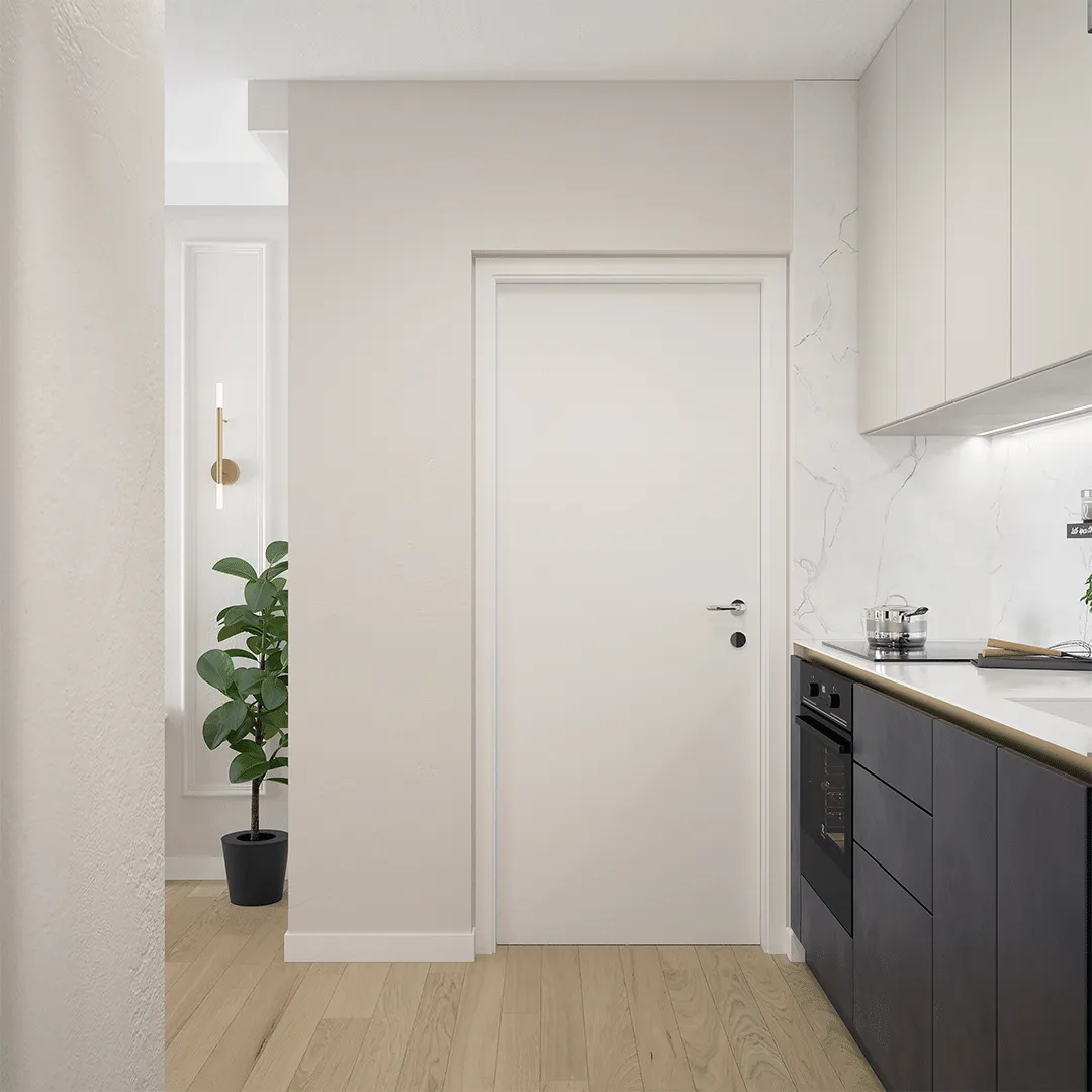 Prikaz plave kuhinje s bež elementima