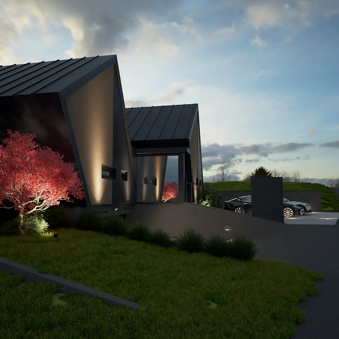 Noćni prikaz prednjeg dijela kuće za odmor