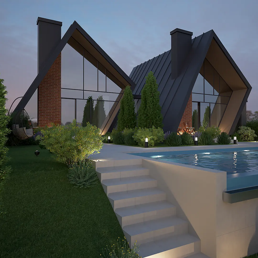 Noćni prikaz stražnjeg dijela kuće za odmor