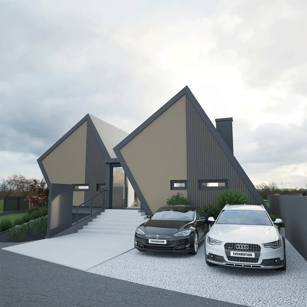 Prikaz prednjeg dijela kuće za odmor neobičnog oblika