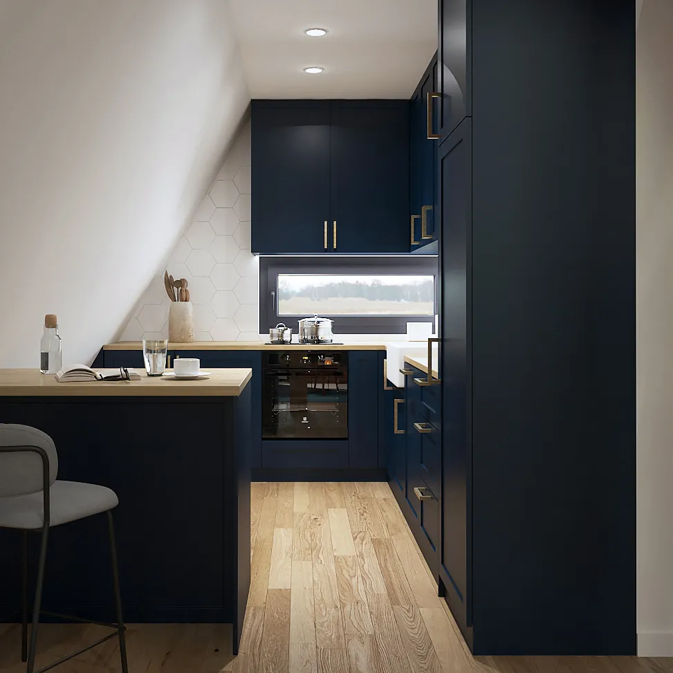 Prikaz tamnoplave kuhinje